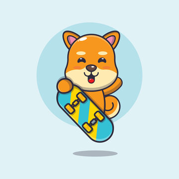 cute shiba inu dog mascot cartoon character with skateboard