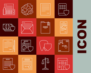 Set line Medical hospital building with shield, Ordered envelope, Torn contract, Document, Mail and e-mail, Money, Fax machine and Personal folder icon. Vector
