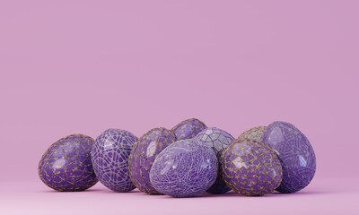 Easter eggs on pastel purple background. Creative design. 3d rendering. Easter eggs. Happy Easter banner. Happy Easter background with eggs