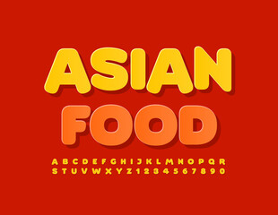 Vector bright banner Asian Food with sticker Yellow Font. Creative style Alphabet Letters and Numbers set