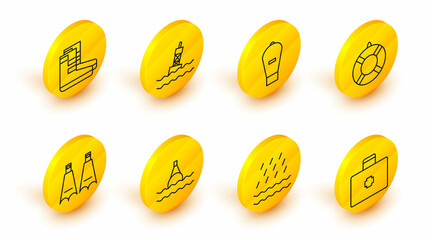 Set line First aid kit, Rain and waves, Floating buoy on the sea, Rubber flippers for swimming, Lifebuoy, Lift bag, and Boots icon. Vector © Oksana