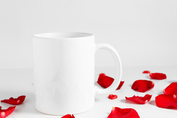 White color coffee cup template with copy space for front view design. Mockup for valentine's day, birthday with floral decor.