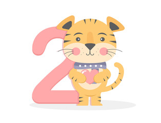 Cute tiger icon. Two year.  Happy birthday