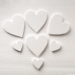 Pattern of white styrfoam hearts on the sheet of a white styrfoam