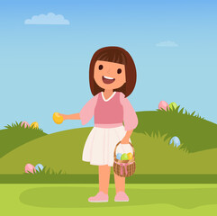 A cheerful child girl with a basket of colored eggs. Easter. Vector illustration.