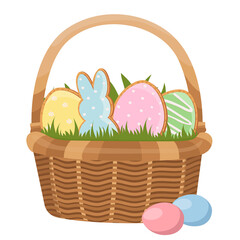Easter gingerbread cookies in basket. Eggs and rabbits. Easter tradition. Vector illustration. 