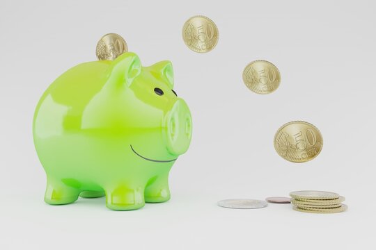 3D-Illustration of green piggy bank with money flying into it, concept image for saving money