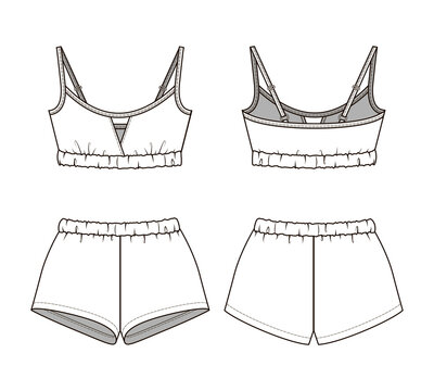 Fashion technical drawing of bustier and briefs shorts