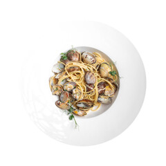 Isolated portion of gourmet clams linguine pasta alle vongole