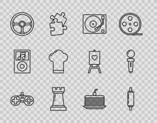 Set line Gamepad, Rolling pin, Vinyl player with vinyl disk, Chess symbol, Steering wheel, Chef hat, Cake and Joystick for arcade machine icon. Vector