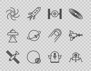 Set line Satellite, Mars rover, Cosmic ship, Planet, Black hole, Alien and Ray gun icon. Vector