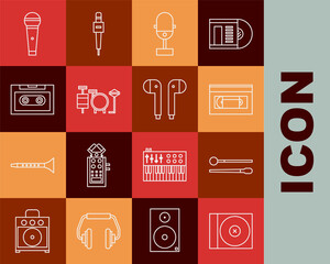Set line CD or DVD disk, Drum sticks, VHS video cassette tape, Microphone, Drums, Retro audio, and Air headphones icon. Vector