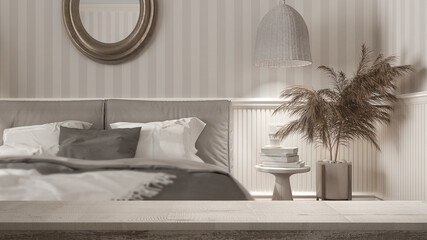 Wooden vintage table top or shelf closeup, zen mood, over classic minimalist bedroom room with striped wallpaper and woodwork, white architecture interior design