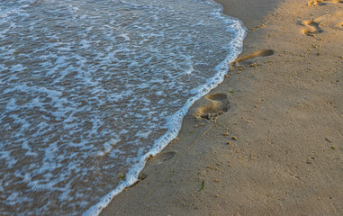 Close-up of sea foam on the sand beach with summer sunlight