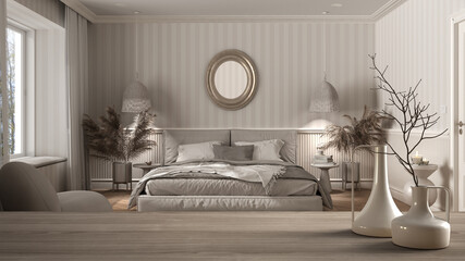Wooden table top or shelf with minimalistic modern vases over classic bedroom with striped wallpaper and woodwork, classic minimal interior design