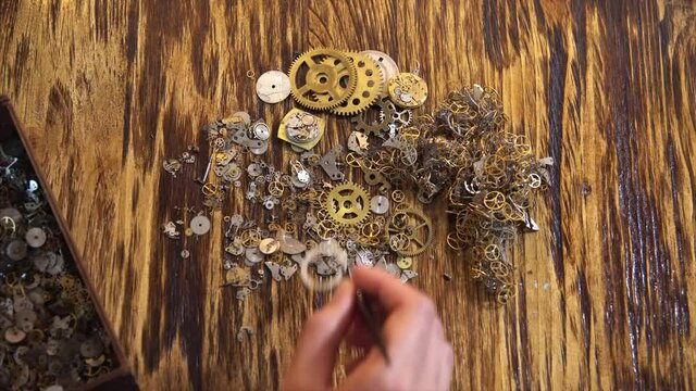 Watchmaker moves mechanicals details with tweezers. Female master works with gears, close up. Precision and handwork concept.