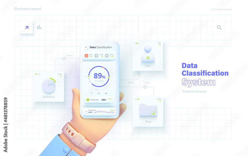 Poster system of electronic classification of corporate data. the hand holds the phone. mobile application 