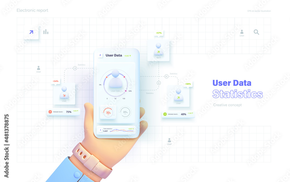 Poster classification of user data. the hand holds the phone. mobile application for data analysis and acco