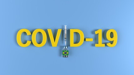 Brazilian flag on Coronavirus Covid-19 vaccine bottle. Syringe is creating letter I on blue background. Covid-19 vaccination, flu prevention, immunization concept. High quality 3D rendering.