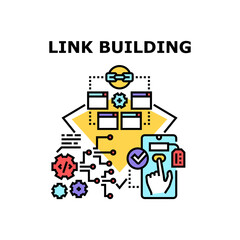Link building seo website. digital marketing. backlink strategy. search page. inbound media communication vector concept color illustration