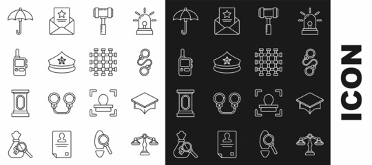 Set line Scales of justice, Graduation cap, Handcuffs, Judge gavel, Police with cockade, Walkie talkie, Umbrella and Prison window icon. Vector
