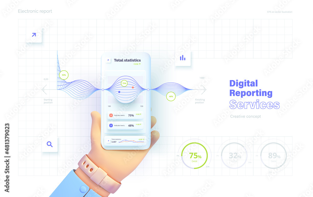 Aufkleber growth indicators. the hand holds the phone. mobile application for data analysis and accounting. fi