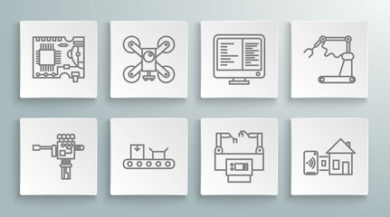 Set line Mechanical robot hand and screwdriver, Assembly line, Smart home, Computer monitor screen, Industrial machine robotic arm factory and Printed circuit PCB icon. Vector