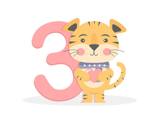 Cute tiger icon. Three year. Happy birthday