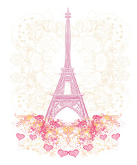 Fototapeta na wymiar Eiffel tower artistic card, decorative floral background