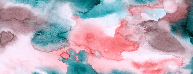 Watercolor banner border. Abstract watercolor texture. Tidewater green and coral color background. Hand drawing. Color splash on paper. Creative modern banner. Exotic colors: coral and tidewater green