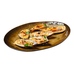 Isolated portion of stuffed mussels appetizer on white background