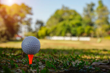 Golf ball on tee ready to be shot,The golf player On the green lawn background