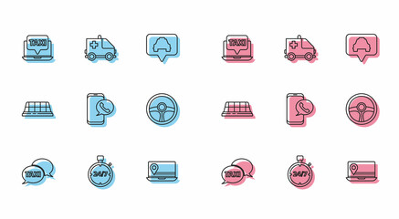 Set line Taxi call telephone service, Stopwatch 24 hours, Laptop taxi, with location marker, Steering wheel, car roof and Ambulance and emergency icon. Vector