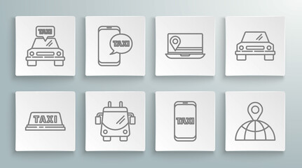 Set line Taxi car roof, call telephone service, Trolleybus, Location the globe, Laptop with location marker, Car and icon. Vector