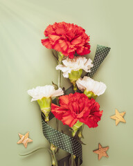 Holiday bouquet with red and white carnations with gift ribbon and wooden stars on a green background. Flower card suitable for 23 february, 9 may, patriotic day, veterans Day or fathers Day