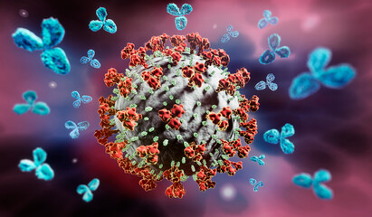 Corona Virus with Antibodies - Immune system - obrazy, fototapety, plakaty