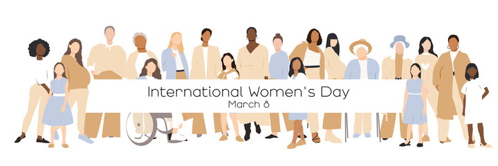 International Women's Day banner. Women of different ages and ethnicities stand side by side.