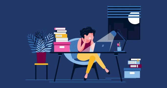 An exhausted woman works in the office until late with a discharged battery. Female office worker stayed at work until night. Stress, depression at work. Workplace burnout concept. Animation. 4K video