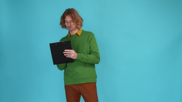 Lecturer guy write note pupils attend isolated vivid color background