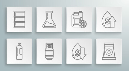 Set line Industrial gas cylinder tank, Test tube and flask, Propane, Drop crude oil price, Oil industrial factory building, Antifreeze canister, increase and Barrel icon. Vector