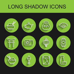 Set line Rice in a bowl with chopstick, Japanese ninja shuriken, Rstaurant opened take out box filled, Traditional tea ceremony, Sushi, paper lantern and icon. Vector