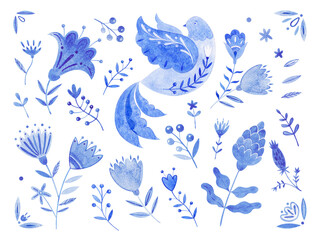 A set of hand-painted leaves, flowers and birds in watercolor in blue tones. Decorative flowers isolated on a white background