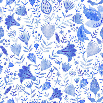 Seamless blue floral watercolor texture pattern. The pattern can be used for wallpaper, filling patterns, surface textures