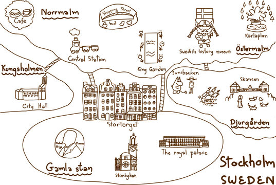 Stockholm Sweden travel map line with landmarks in Gamla stan, Ostermalm, Norrmalm, Kungsholmen. Hand drawn flat cartoon vector illustration isolated on white background