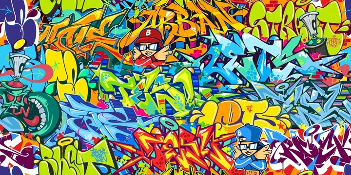Seamless Colorful Modern Abstract Urban Style Hiphop Graffiti Street Art Pattern. Vector Illustration Background