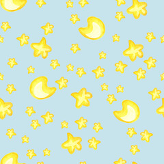 Watercolor pattern Crescent and stars on a light blue background