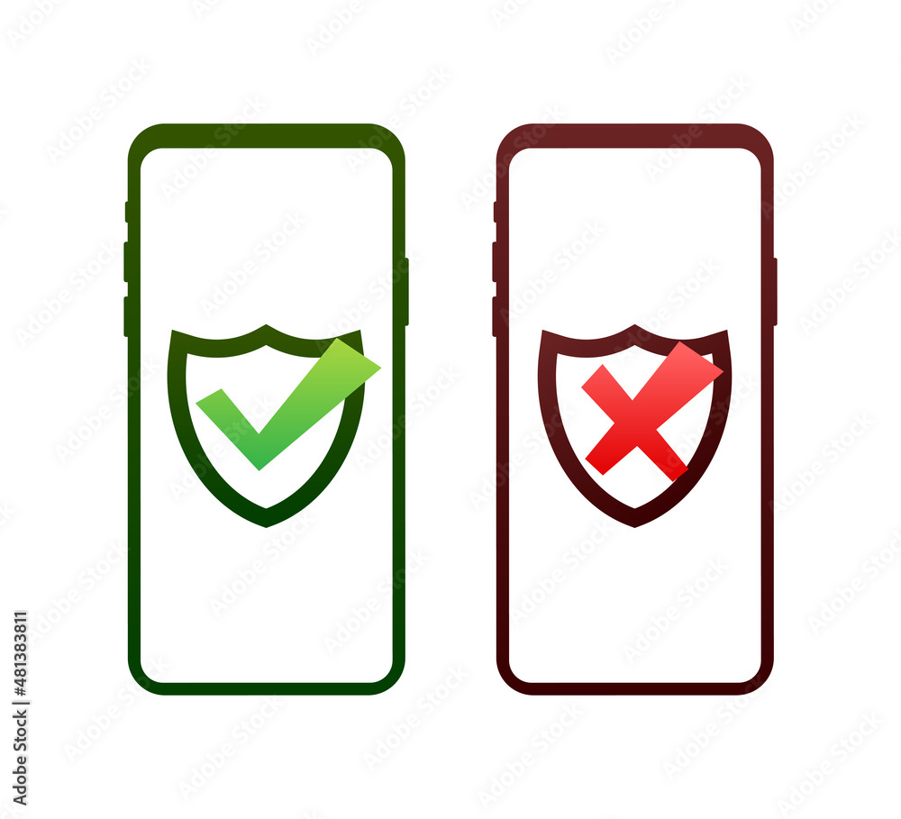 Poster smartphones with checkmarks set. tick and cross check marks. vector stock illustration.