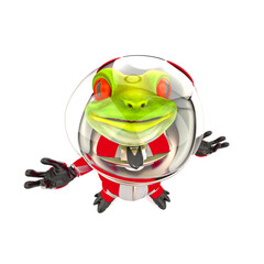 frog astronaut is looking up with arms wide open in white background top view