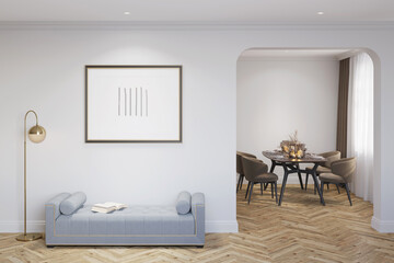 Bright apartment with an illuminated horizontal poster above a blue couch, a floor lamp on the parquet floor. Served dining table with chairs near the window is visible through the doorway. 3d render