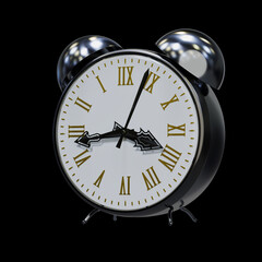 Alarm clock in a metal case with a white dial on a black background. isolated. 3D Rendering.